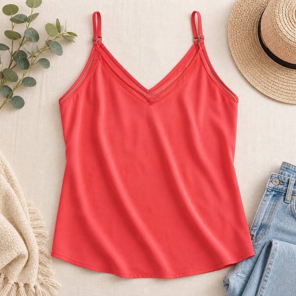 ASTR The Label Coral Pink Mesh Trim V-Neck Cami Tank Top AT15505 Womens Large
